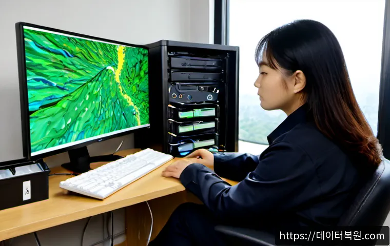 흑석동 FAT_FILE_SYSTEM - Photorealistic IT support workstation in a compact hillside apartment office, technician examining a...