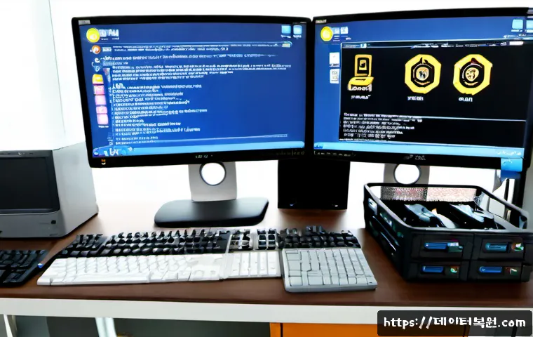 장안동 BOOTMGR is Compressed - Photorealistic IT support workstation in a compact Janghan-dong office, dual monitors showing a gene...