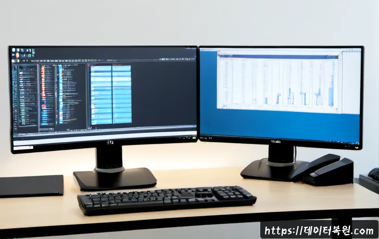 장교동 STATUS_CONTROL_C_EXIT - Photorealistic IT support workstation in a compact Jung-gu office, dual monitors showing a clean abs...