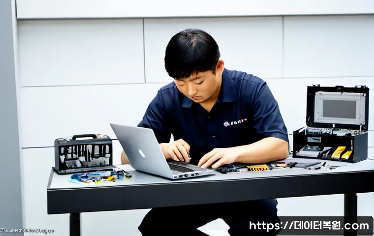 수송동 맥북프로 판매 및 수리 - Photorealistic premium aluminum laptop repair bench in a compact Seoul office-service studio, techni...