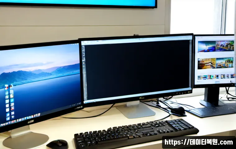 미성동 STATUS_INVALID_IMAGE_FORMAT - Photorealistic remote-support workstation in a compact Korean neighborhood office, dual monitors sho...