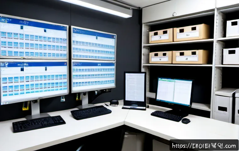 방산동 CDFS_FILE_SYSTEM - Photorealistic cybersecurity workstation in a compact Bangsan-dong printing-supply studio, dual moni...