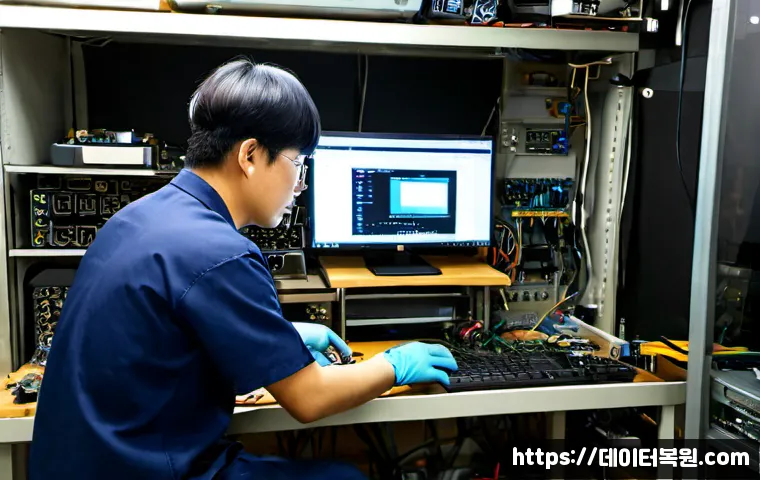 방배동 아이맥 판매 및 수리 - Photorealistic computer repair bench in a quiet Bangbae-dong electronics workshop, sleek silver all-...