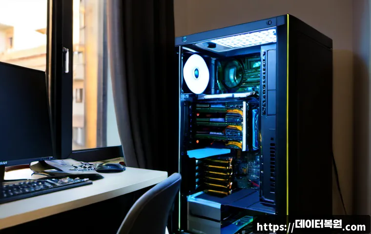 필운동 NMI_HARDWARE_FAILURE - Photorealistic PC repair workstation in a compact Pilun-dong apartment office, technician reseating ...