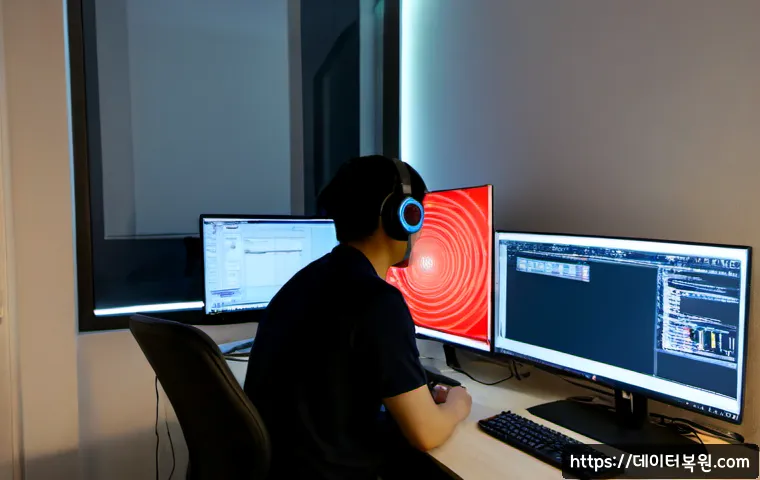 토정동 STATUS_STACK_BUFFER_OVERRUN - Photorealistic IT support workstation in a compact Toseong-dong office, dual monitors showing a text...