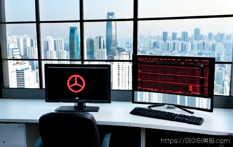강남구 VENDOR_DEFINED_ERROR - Photorealistic IT support workstation in a sleek Gangnam office tower, dual monitors showing a compl...