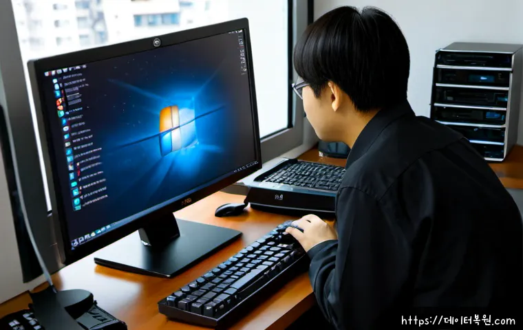 휘경동 linux재설치 포맷  초기화 - Photorealistic IT support workstation in a compact apartment office, technician reinstalling Linux o...