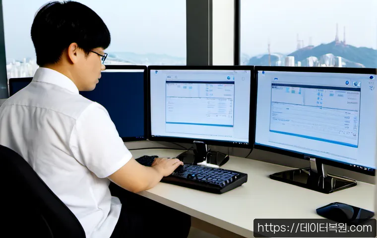 남현동 STATUS_MEMORY_ACCESS_DENIED - Photorealistic remote-support workstation in a compact hillside apartment office, dual monitors show...