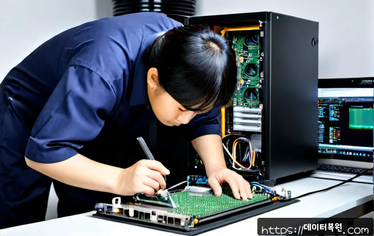 입정동 오버클럭 뚜따 - Photorealistic computer workshop in a compact Euljiro-style electronics building, technician careful...