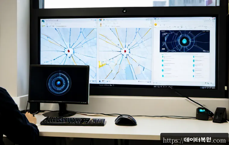 개봉동 STATUS_KERNEL_CONNECTION_TIMEOUT - Photorealistic IT support workstation in a compact Guro district office, dual monitors showing an ab...