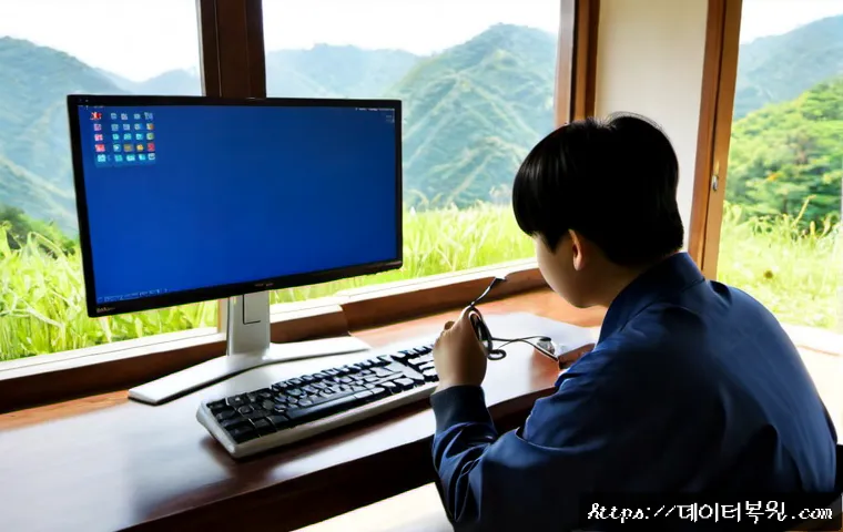 도척면 CRITICAL_PROCESS_DIED - Photorealistic rural Korean home office in Dogok-myeon, desktop workstation showing a blank cobalt s...