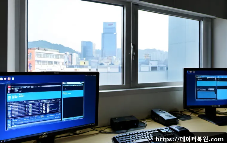 남대문 DRIVER_IRQL_NOT_LESS_OR_EQUAL - Photorealistic IT support workstation inside a compact office near Namdaemun Market, dual monitors s...