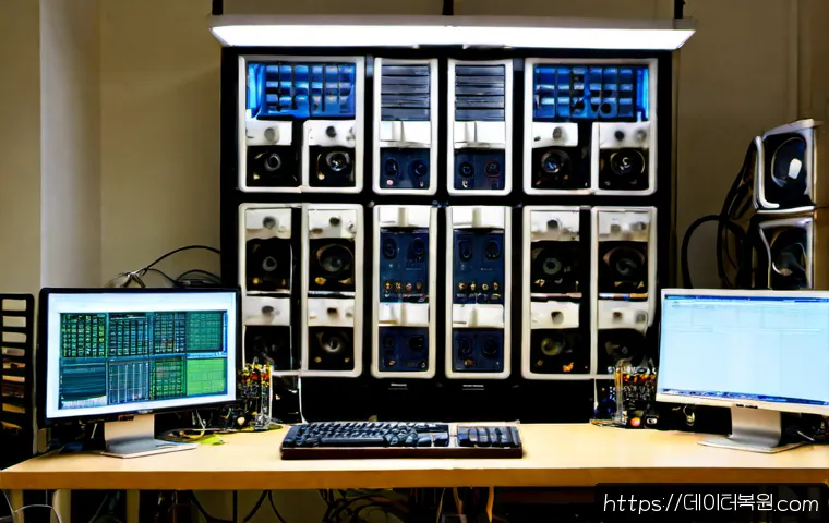 낙원동 STATUS_KERNEL_THREAD_TIMEOUT - Photorealistic IT support workstation in a compact Nakwon-dong electronics repair studio, dual blank...