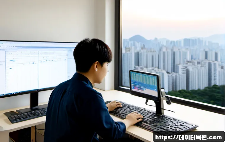 신내동 STATUS_FLOAT_UNDERFLOW - Photorealistic IT support workstation in a compact Sinnae-dong apartment office, dual monitors showi...