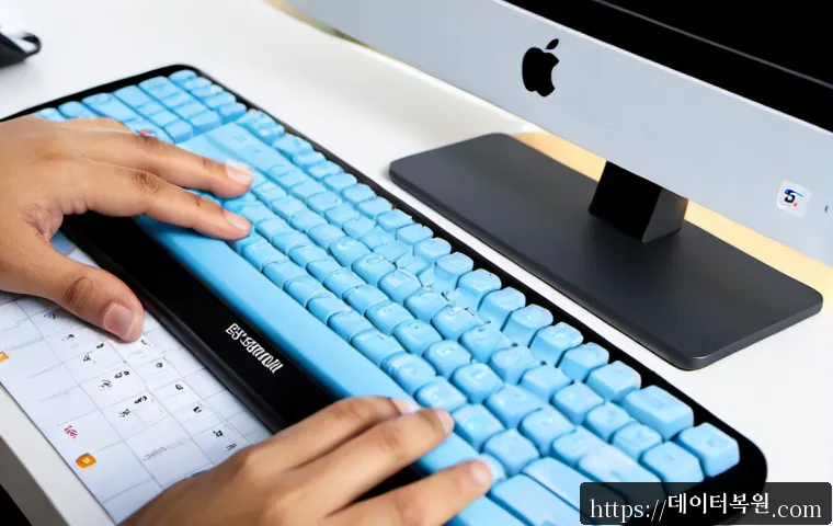 평동 f4키 누르라고 할때 - Photorealistic close-up of a Korean office worker pressing the fourth function key position on a cle...