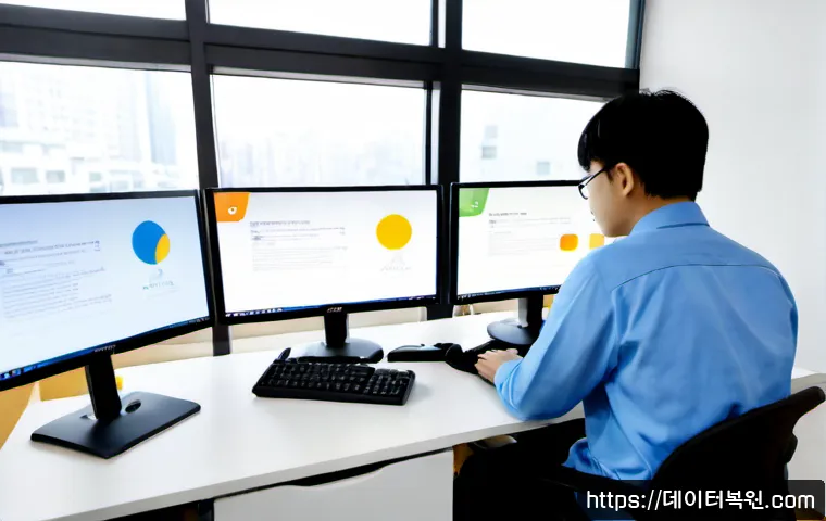 용신동 SYSTEM_LICENSE_VIOLATION - Photorealistic remote-support workstation in a compact Yongsin-dong office, IT specialist studying a...