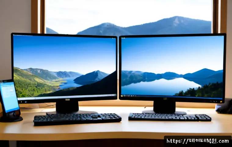 가평읍 STATUS_KERNEL_MODULE_NOT_FOUND - Photorealistic IT support workstation in a quiet lakeside county office, dual monitors showing abstr...
