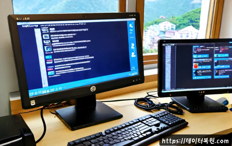 중림동 STATUS_KERNEL_BOOT_DRIVE_ERROR - Photorealistic IT support workstation in a compact Jungnim-dong office, desktop monitor showing a no...