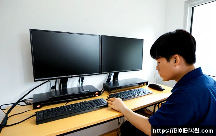 낙성대동 케이블연결확인 - Photorealistic IT support workstation in a compact apartment near Nakseongdae, technician checking E...