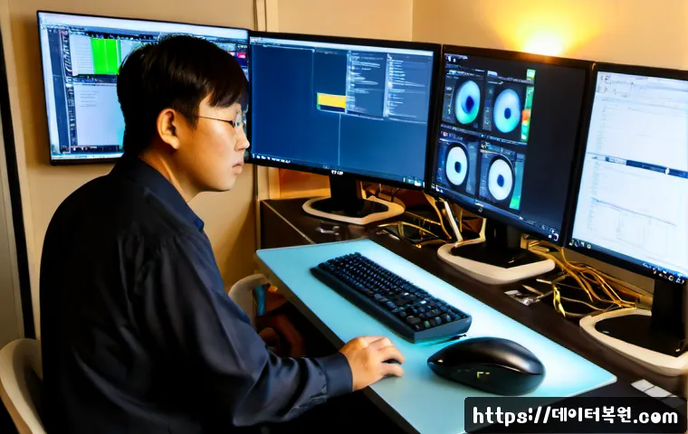 북창동 STATUS_KERNEL_HANDLE_INVALID - Photorealistic IT support workstation in a compact central Seoul office above a traditional dining a...