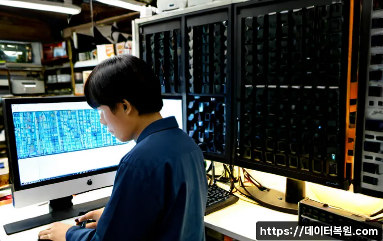 황학동 STATUS_IMAGE_CHECKSUM_MISMATCH - Photorealistic computer repair workstation in a compact Seoul market district shop, technician compa...