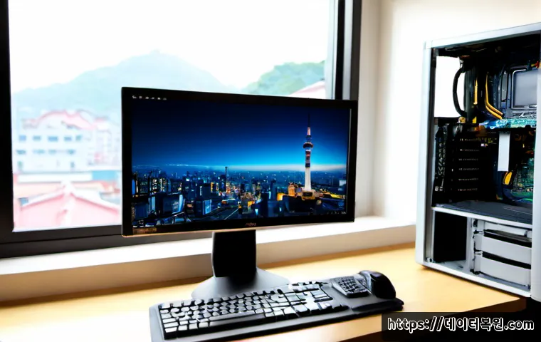 묵정동 KERNEL_MODE_HEAP_CORRUPTION - Photorealistic IT support workstation in Mukjeong-dong, dual-monitor desktop showing a clean unbrand...