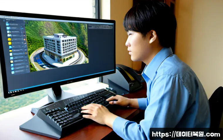 인수동 컴퓨터 desktop 출장방문수리점 - Photorealistic remote computer repair technician servicing an open desktop tower beside a dual-monit...