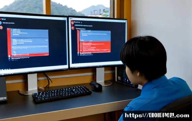 인헌동 STATUS_PROTECTION_ERROR - Photorealistic IT support workstation in a compact hillside apartment office, dual monitors showing ...