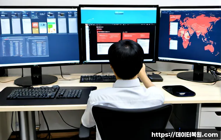 용신동 REGISTRY_ERROR - Photorealistic IT support workstation in a compact Dongdaemun-area office, dual monitors showing a b...