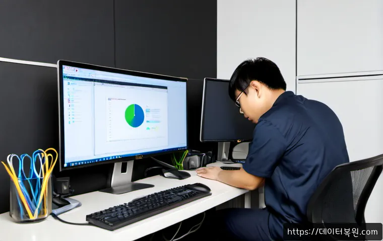 가리봉 부트캠프설치 - Photorealistic IT support workstation in a compact Garibong neighborhood office, technician installi...