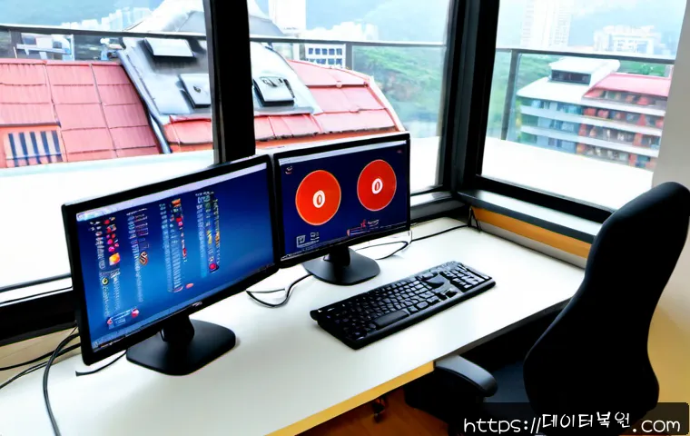 송중동 STATUS_KERNEL_MODULE_NOT_FOUND - Photorealistic IT support workstation in Songjung-dong, Seoul, dual monitors showing a clean abstrac...