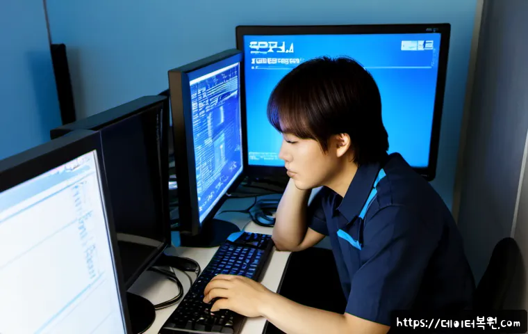 미근동 MACHINE_CHECK_EXCEPTION - Photorealistic IT support workstation in a compact Seoul office near a quiet government district, du...