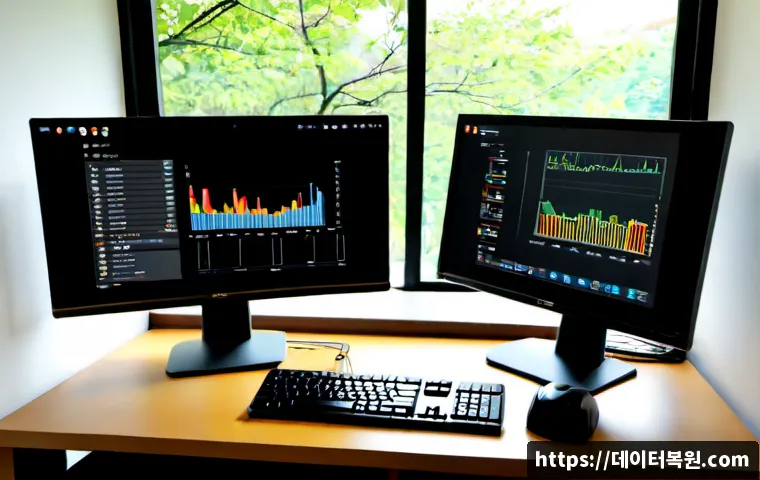 연희동 MEMORY_MANAGEMENT - Photorealistic desktop workstation in a quiet Yeonhui-dong apartment studio, dual monitors showing a...
