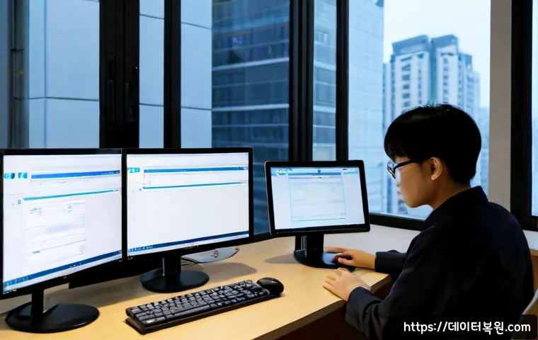 남영동 STATUS_INVALID_THREAD - Photorealistic remote-support workstation in a compact Namyeong-dong office, dual monitors showing a...