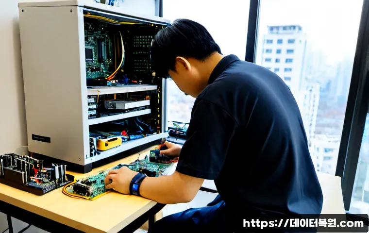 백석동 메인보드조립 및 교체수리 - Photorealistic electronics repair bench in a tidy Baekseok-dong apartment workspace, technician wear...