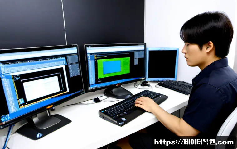 철산동 centos재설치 포맷  초기화 - Photorealistic IT workstation in a compact Cheolsan-dong office, technician reinstalling a Linux ser...