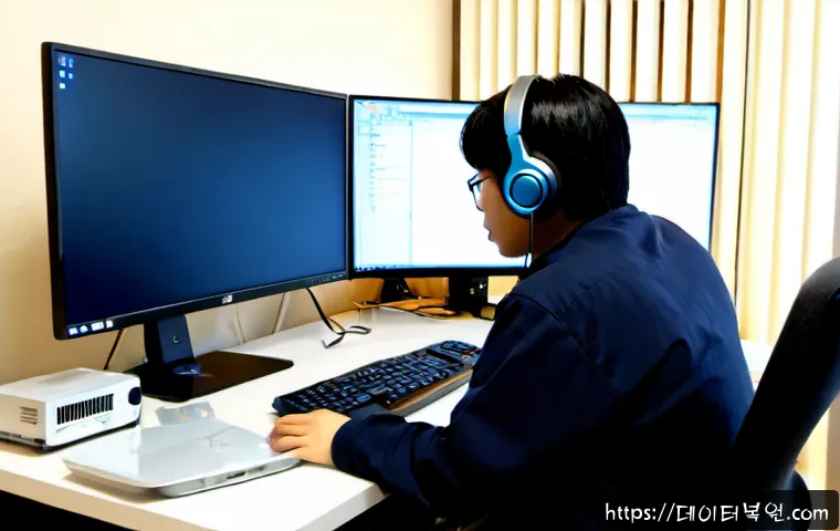 창릉동 STATUS_MEMORY_VIOLATION - Photorealistic remote-support workstation in a quiet Changneung-dong apartment office, dual monitors...