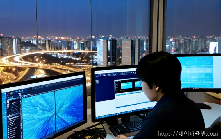 소공동 STATUS_KERNEL_THREAD_FAILURE - Photorealistic IT support workstation in a refined Sogong-dong office tower, dual monitors showing a...