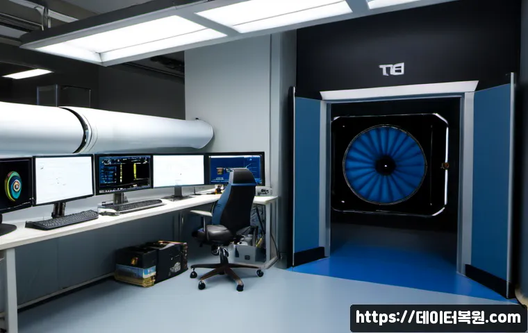 풍동 STATUS_PAGEFILE_MISSING - Photorealistic engineering workstation inside an aerodynamic testing laboratory, dual monitors showi...