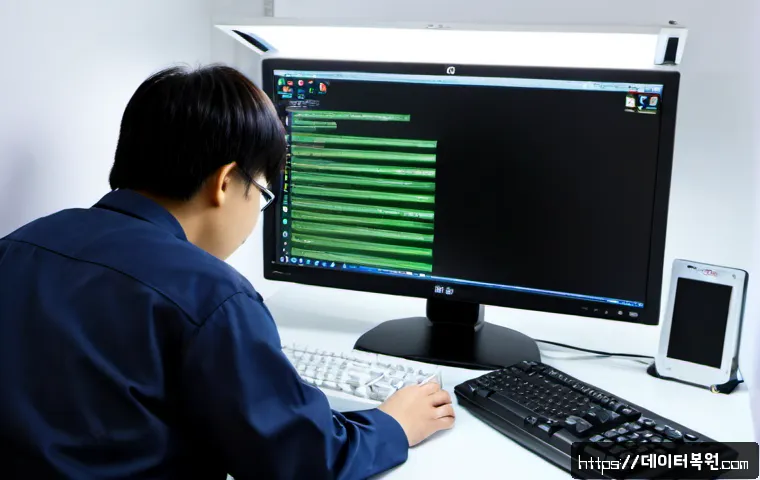 장사동 STATUS_FILE_READ_FAILURE - Photorealistic compact PC repair workstation in a modest urban Korean commercial district, technicia...