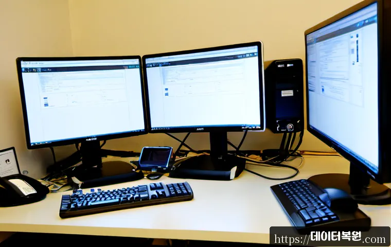 쌍림동 SESSION5_INITIALIZATION_FAILED - Photorealistic IT support workstation in a compact Ssangnim-dong office, dual monitors showing a cle...