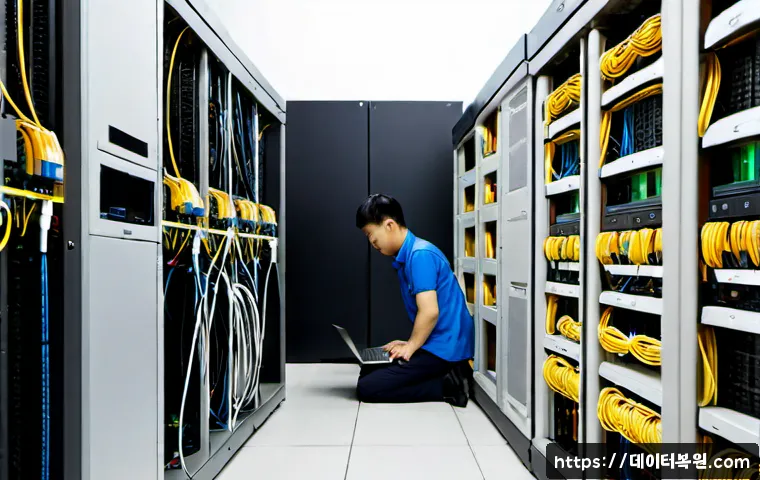 오쇠동 서버출장방문수리점 - Photorealistic onsite server repair in a compact office near a quiet industrial district, technician...