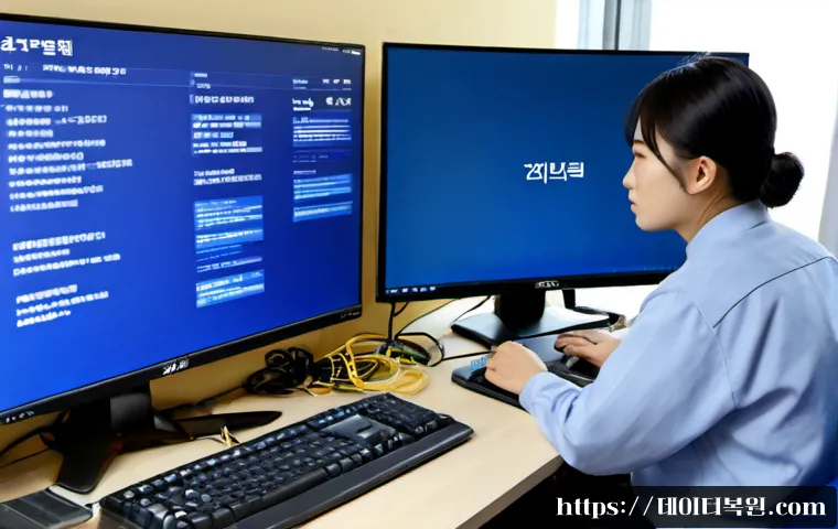 신계동 NTFS_FILE_SYSTEM - Photorealistic IT support workstation in a compact Singye-dong office, desktop monitor showing a bla...