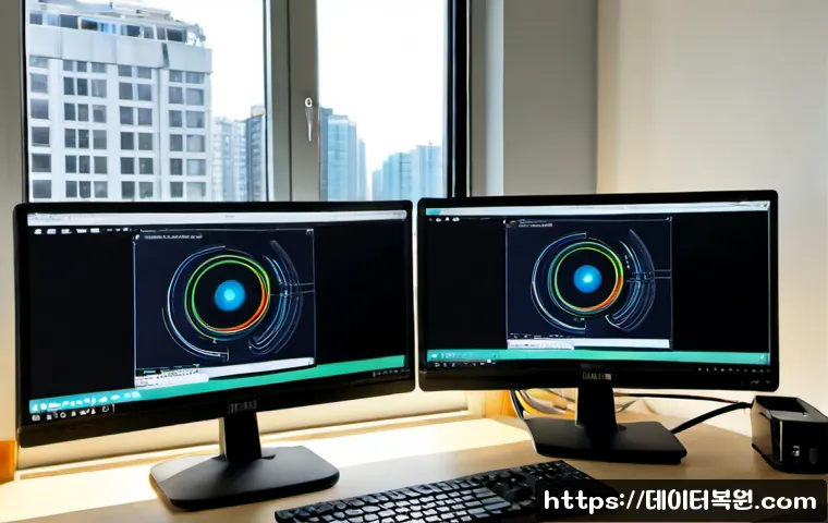 상계동 NDIS_INTERNAL_ERROR - Photorealistic IT support workstation in a compact apartment office, dual monitors showing abstract ...