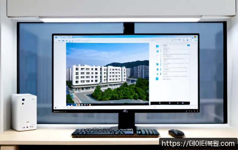 중계동 신호없음 - Photorealistic IT support workstation in a compact apartment office, dual monitors showing a blank d...