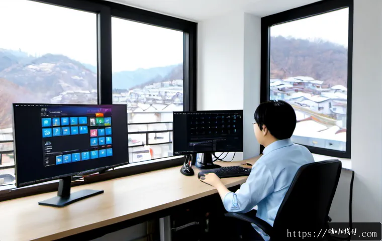 금호동 STATUS_KERNEL_APC_PENDING - Photorealistic IT support workstation in a compact Geumho-dong apartment office, dual monitors showi...