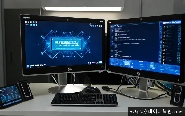능동 KERNEL_SECURITY_CHECK_FAILURE - Photorealistic IT support workstation, dual monitors showing a non-readable blue system crash screen...