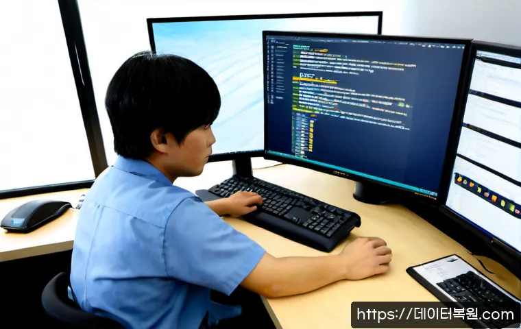 태평로 linux재설치 포맷  초기화 - Photorealistic IT support workstation in a modern Taepyeong-ro office tower, technician reinstalling...