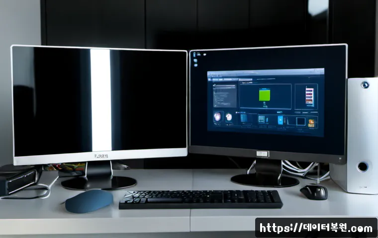 자양동 STATUS_IO_ERROR - Photorealistic modern workstation in a compact riverside apartment office, dual monitors showing a b...
