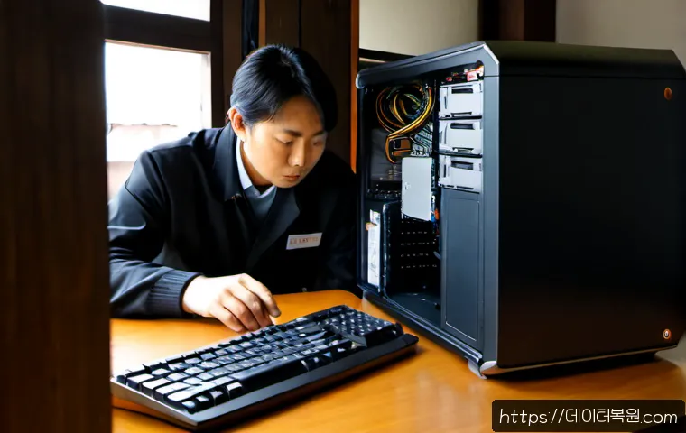 관철동 NTLDR is compressed - Photorealistic IT technician in a compact Jongno office workstation, diagnosing an older desktop com...